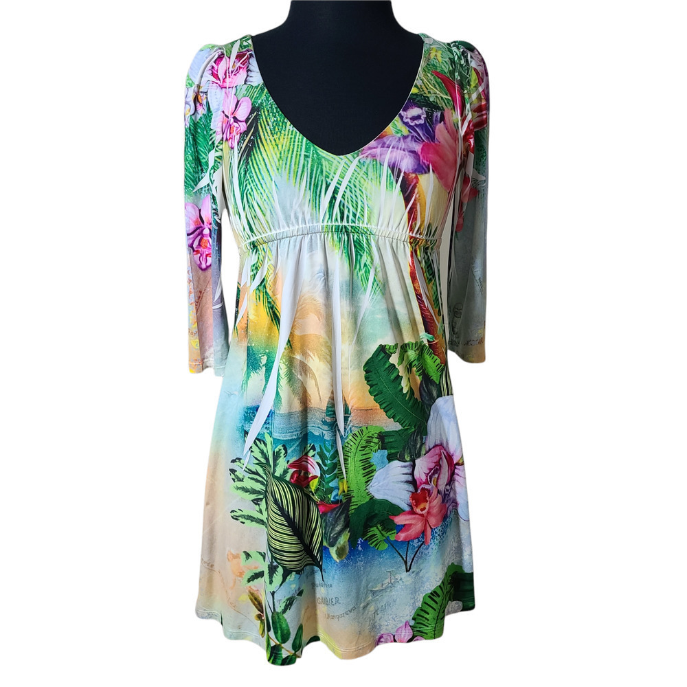 Justified tropical print dress v neck 3/4 sleeve sz S
